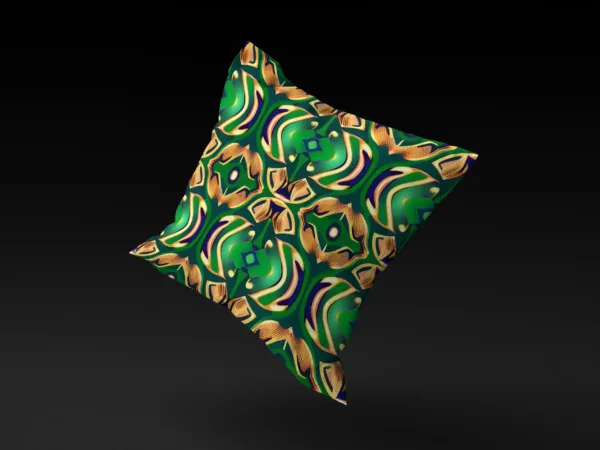 Yoruba Elegance pillow cover floating against a neutral background, showcasing its lush green and intricate accents.