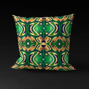 Front view of Yoruba Elegance pillow cover featuring intricate goldish-yellow and black accents on a green background.