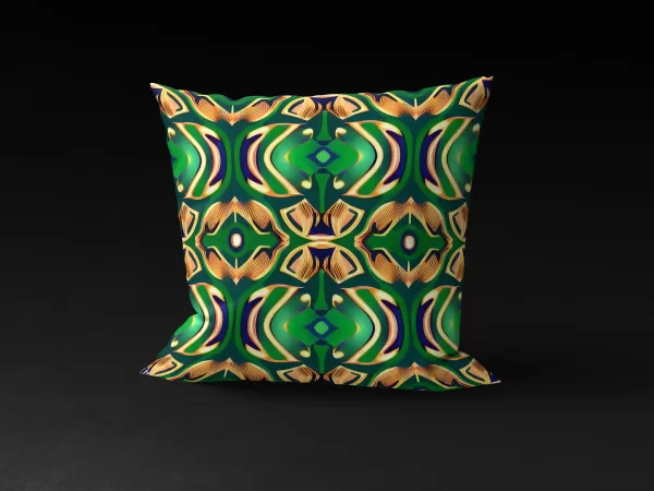 Front view of Yoruba Elegance pillow cover featuring intricate goldish-yellow and black accents on a green background.