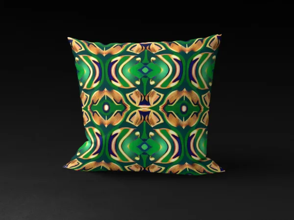 Front view of Yoruba Elegance pillow cover featuring intricate goldish-yellow and black accents on a green background.