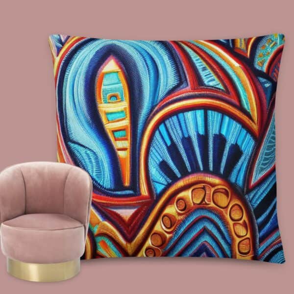 Sankofa Soul Symphony pillow cover, featuring abstract elements like a heart and bird beak on a pink background next to a mini plush pink chair.