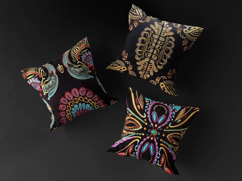 Banner image featuring three MUNACHU pillow covers floating: Ebony Bloom with intricate floral designs, Neon Lumina capturing vibrant neon hues, and Black Gold Beetle with golden beetle accents.