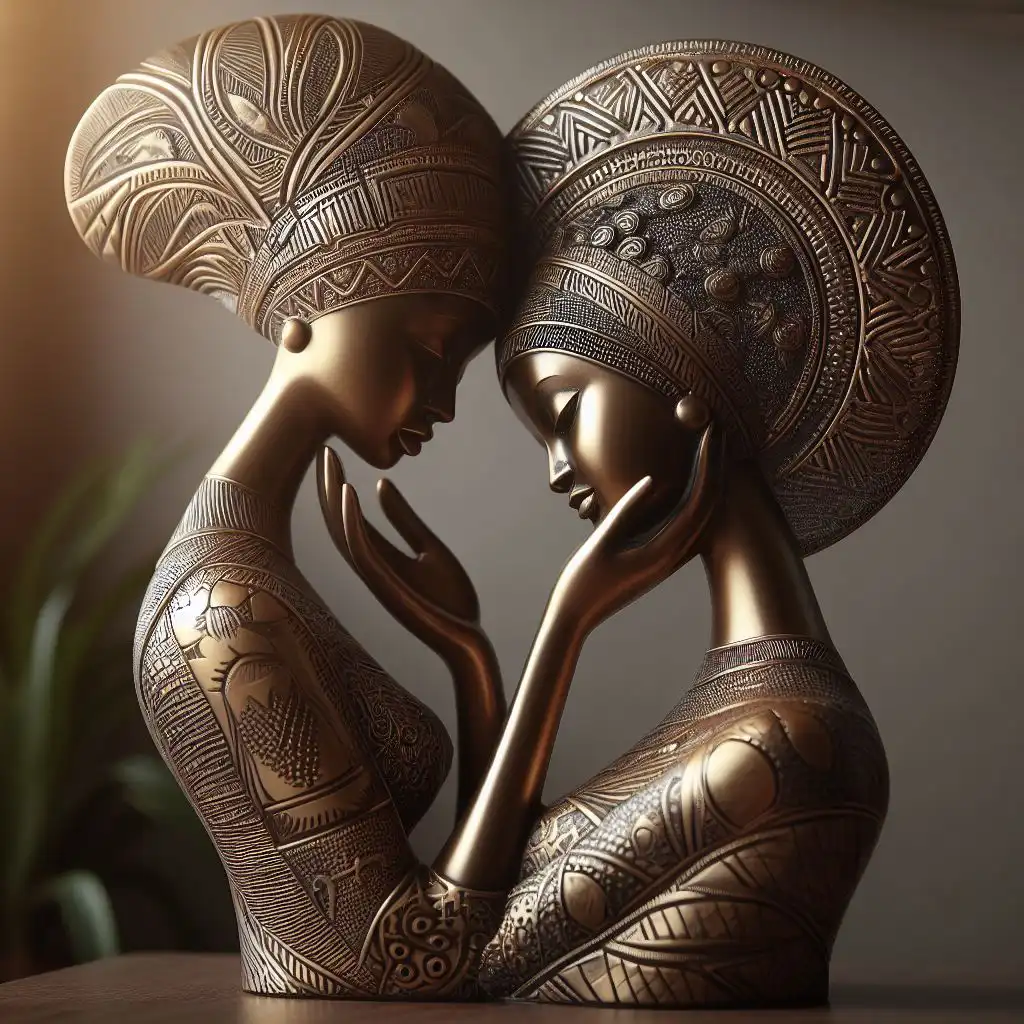 Statue of two women facing each other, one gently cupping the other's cheek, symbolizing connection and empathy.