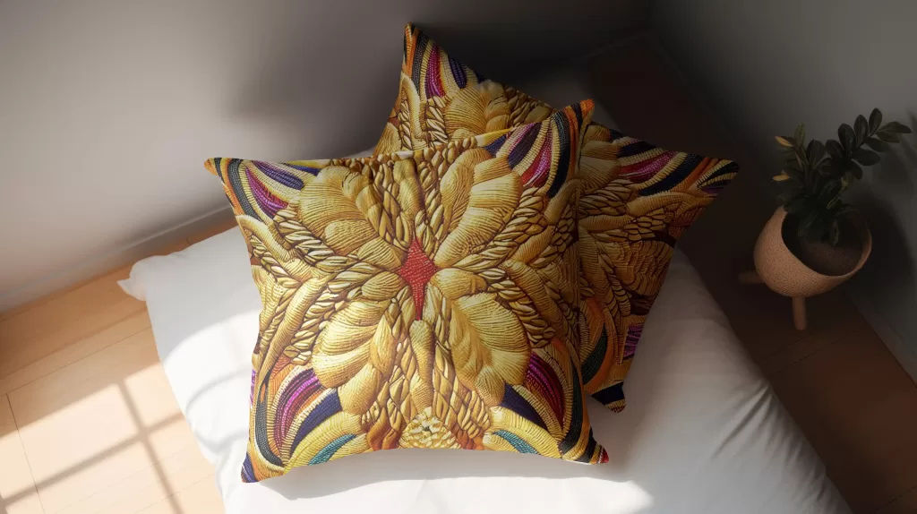 Two 'Cleopatra's Gilded Flight' throw pillows from Munachu stacked on a twin-sized bed, bathed in warm sunlight.