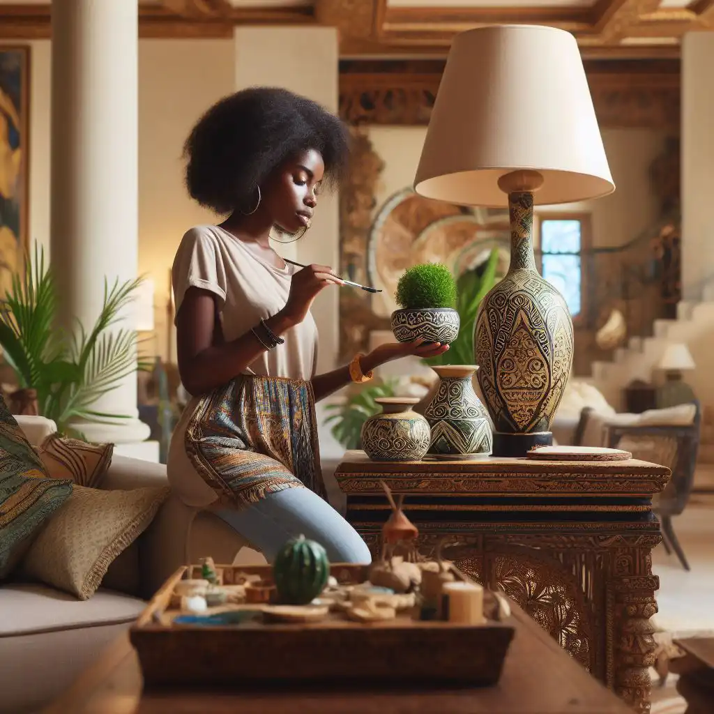 Woman painting a vase with a plant in her living room, showcasing DIY African theme decor creativity.